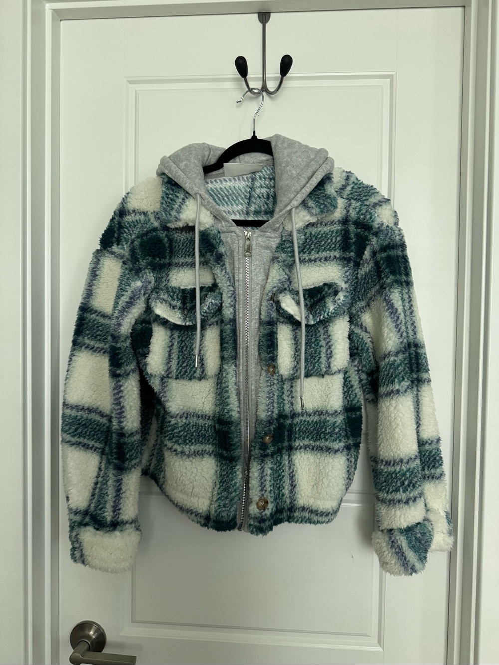 No boundaries Hooded Plaid Jacket - Green & Cream